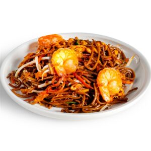 Yaki soba con verdure e gamberi
